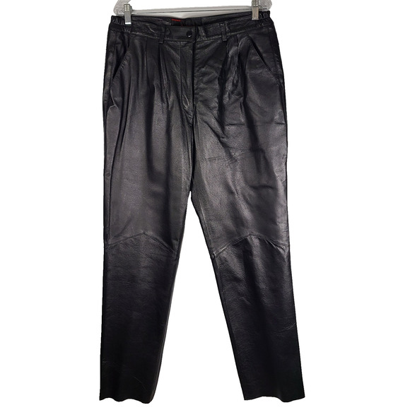Phase Two Black Leather Pants Woman 14 Bootcut Straight Leg Biker Motorcycle EUC - Picture 1 of 16